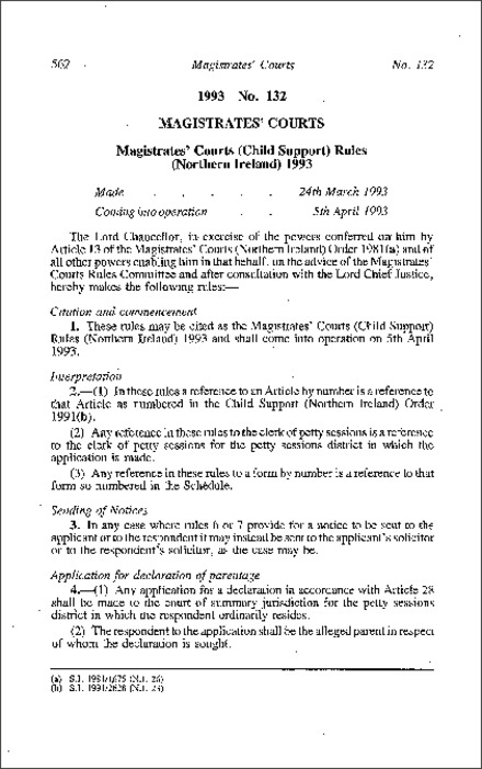 The Magistrate's Courts (Child Support) Rules (Northern Ireland) 1993