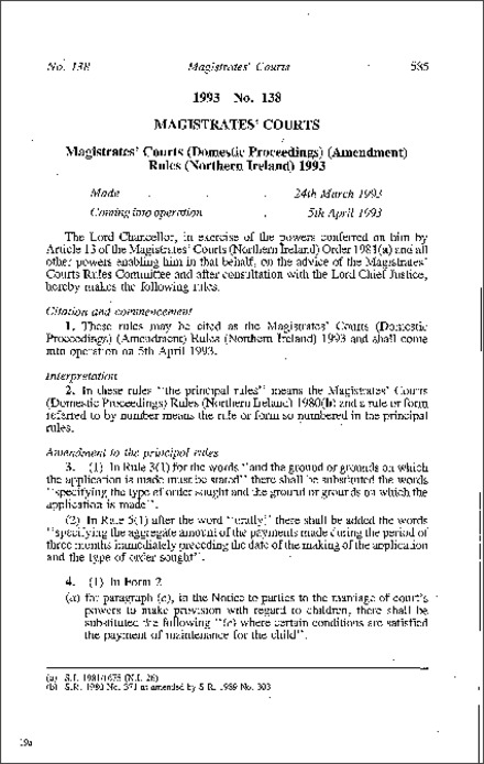 The Magistrate's Courts (Domestic Proceedings) (Amendment) Rules (Northern Ireland) 1993