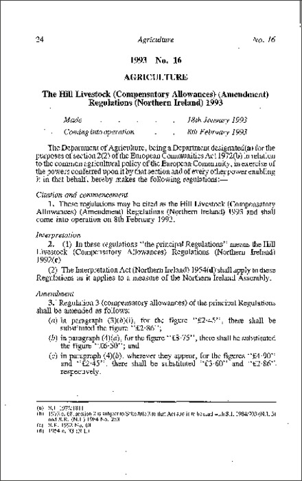 The Hill Livestock (Compensatory Allowances) (Amendment) Regulations (Northern Ireland) 1993