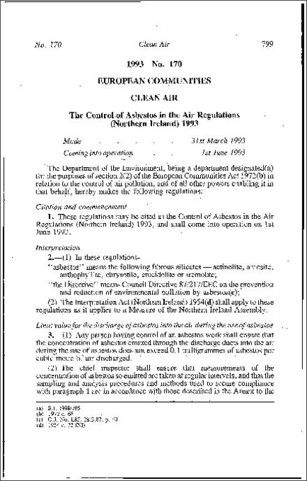 The Control of Asbestos in the Air Regulations (Northern Ireland) 1993