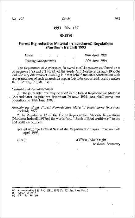 The Forest Reproductive Material (Amendment) Regulations (Northern Ireland) 1993
