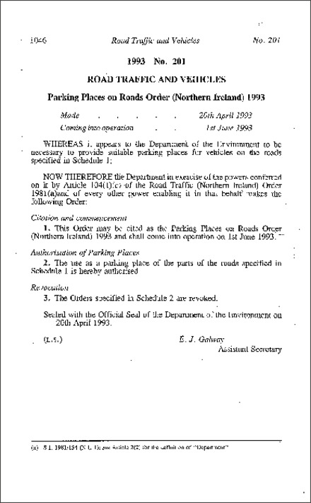 The Parking Places on Roads Order (Northern Ireland) 1993