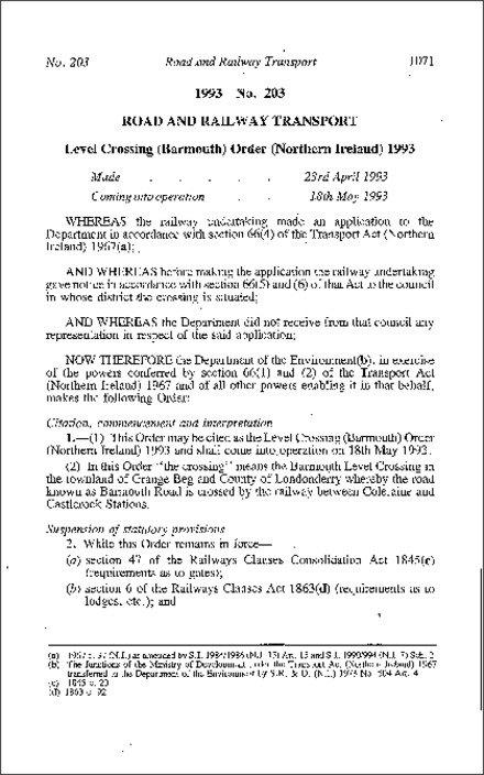 The Level Crossing (Barmouth) Order (Northern Ireland) 1993