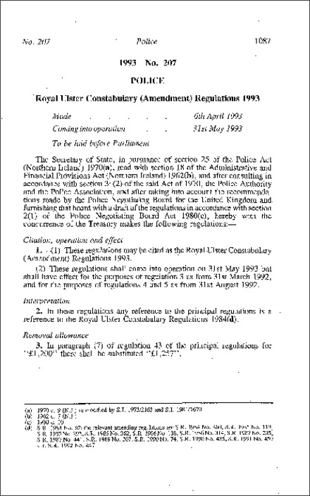 The Royal Ulster Constabulary (Amendment) Regulations (Northern Ireland) 1993