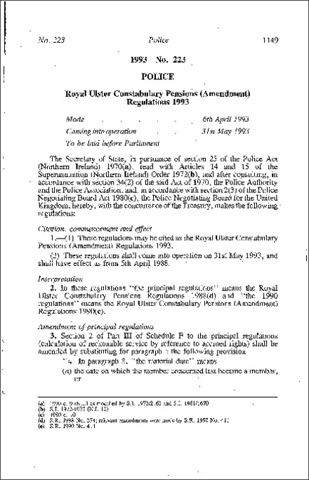 The Royal Ulster Constabulary Pensions (Amendment) Regulations (Northern Ireland) 1993