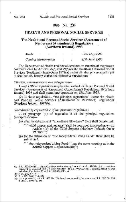 The Health and Personal Social Services (Assessment of Resources) (Amendment) Regulations (Northern Ireland) 1993