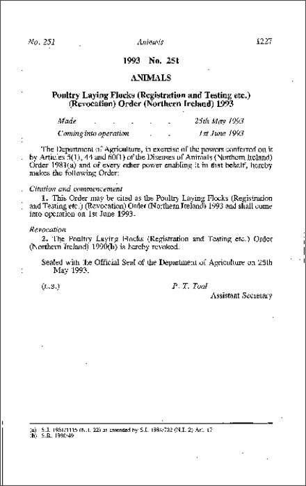The Poultry Laying Flocks (Registration and Testing etc.) (Revocation) Order (Northern Ireland) 1993