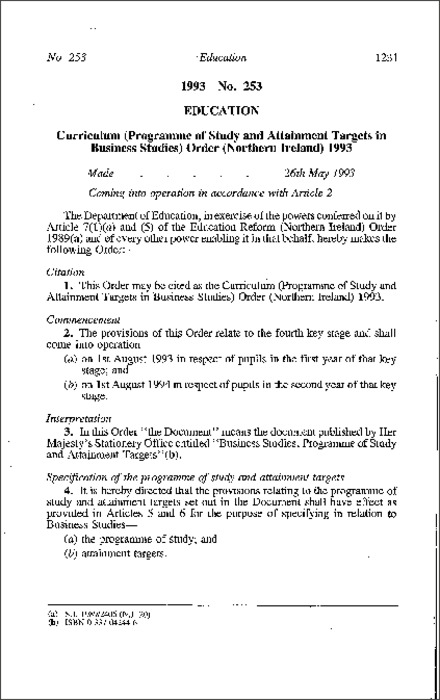 The Curriculum (Programme of Study and Attainment Targets in Business Studies) Order (Northern Ireland) 1993