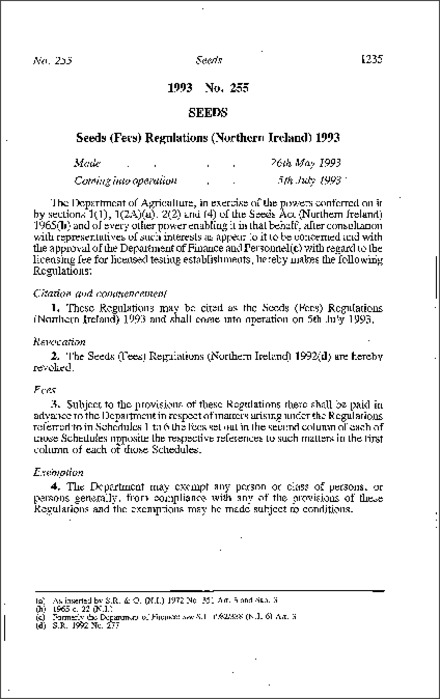 The Seeds (Fees) Regulations (Northern Ireland) 1993