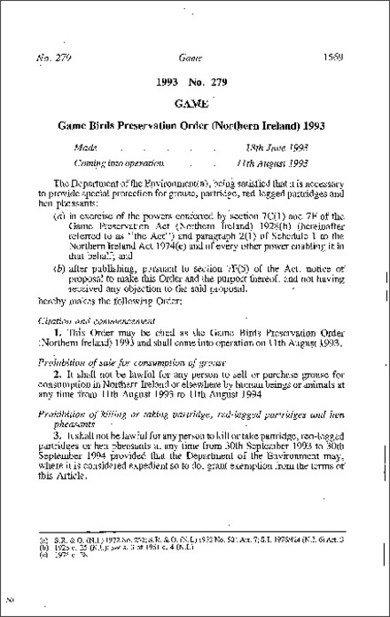 The Game Birds Preservation Order (Northern Ireland) 1993