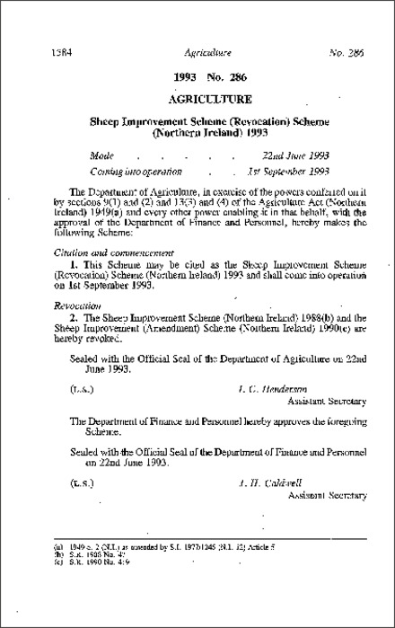 The Sheep Improvement Scheme (Revocation) Scheme (Northern Ireland) 1993