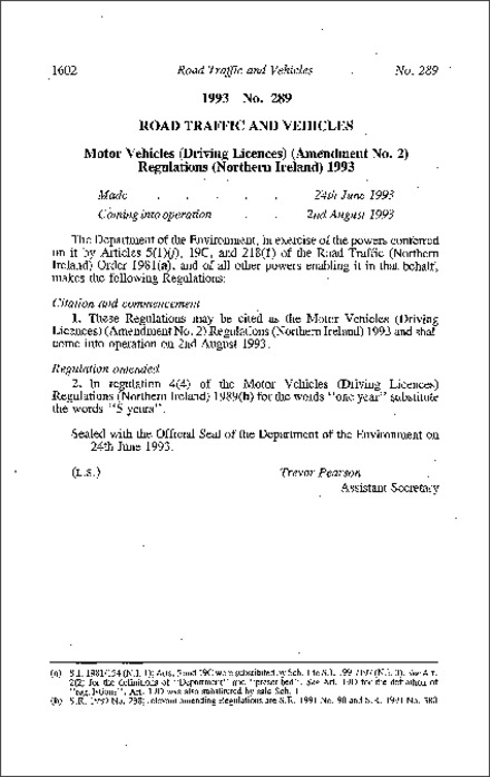 The Motor Vehicles (Driving Licences) (Amendment No. 2) Regulations (Northern Ireland) 1993