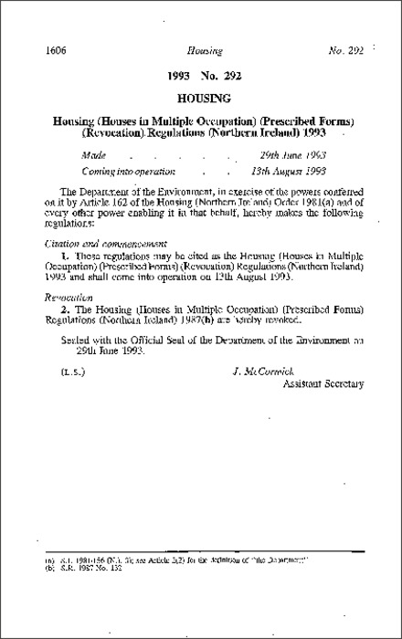 The Housing (Houses in Multiple Occupation) (Prescribed Forms) (Revocation) Regulations (Northern Ireland) 1993