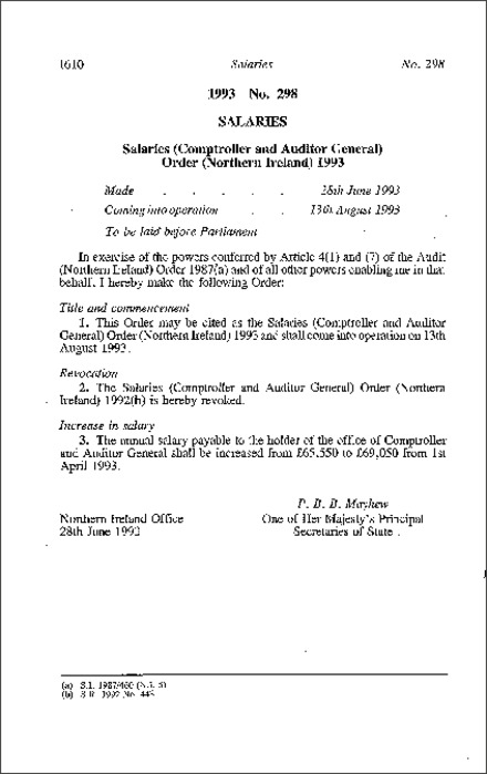 The Salaries (Comptroller and Auditor General) Order (Northern Ireland) 1993
