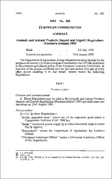 The Animals and Animal Products (Import and Export) Regulations (Northern Ireland) 1993