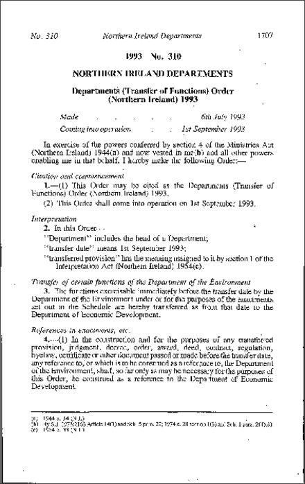 The Departments (Transfer of Functions) Order (Northern Ireland) 1993