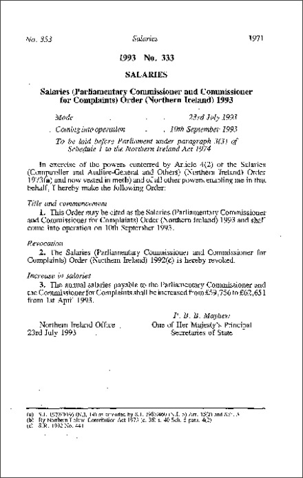 The Salaries (Parliamentary Commissioner and Commissioner for Complaints) Order (Northern Ireland) 1993