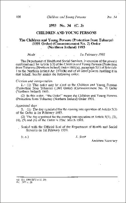 The Children and Young Persons (Protection from Tobacco) (1991 Order) (Commencement No. 2) Order (Northern Ireland) 1993
