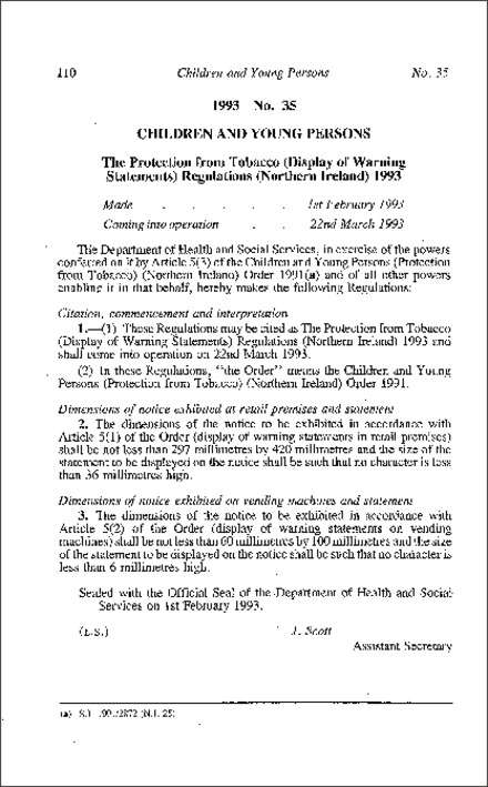 The Protection from Tobacco (Display of Warning Statements) Regulations (Northern Ireland) 1993