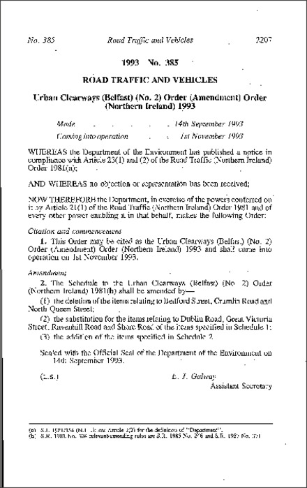 The Urban Clearways (Belfast) (No. 2) (Amendment) Order (Northern Ireland) 1993