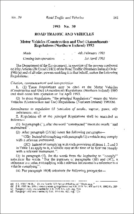 The Motor Vehicles (Construction and Use) (Amendment) Regulations (Northern Ireland) 1993