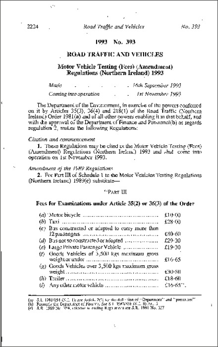 The Motor Vehicles Testing (Fees) (Amendment) Regulations (Northern Ireland) 1993