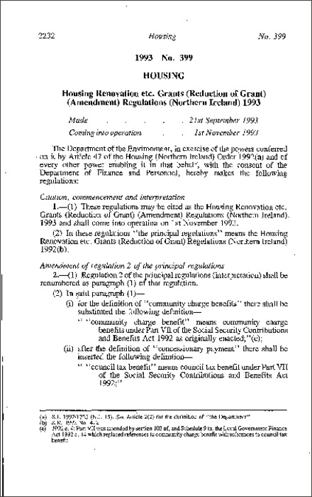 The Housing Renovation etc. Grants (Reduction of Grant) (Amendment) Regulations (Northern Ireland) 1993