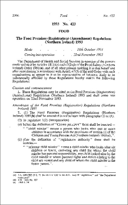 The Food Premises (Registration) (Amendment) Regulations (Northern Ireland) 1993