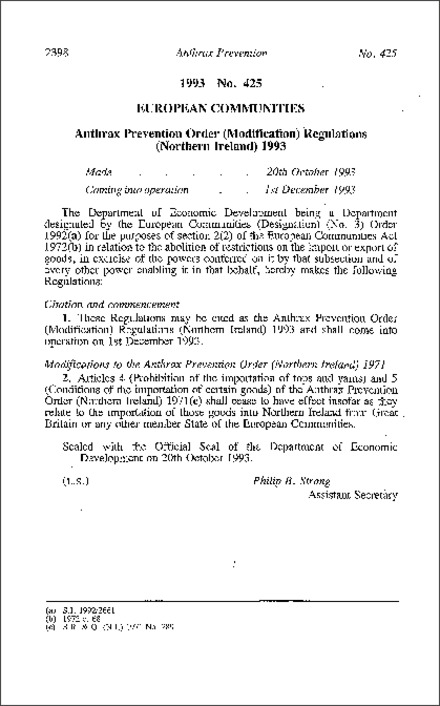 The Anthrax Prevention Order (Modification) Regulations (Northern Ireland)  1993