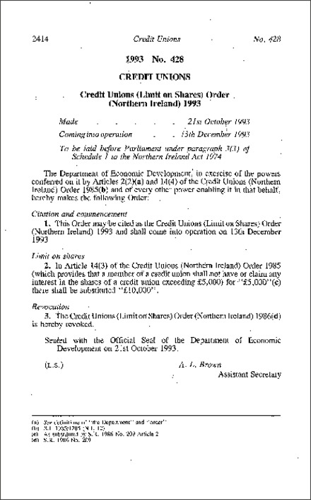 The Credit Unions (Limit on Shares) Order (Northern Ireland) 1993