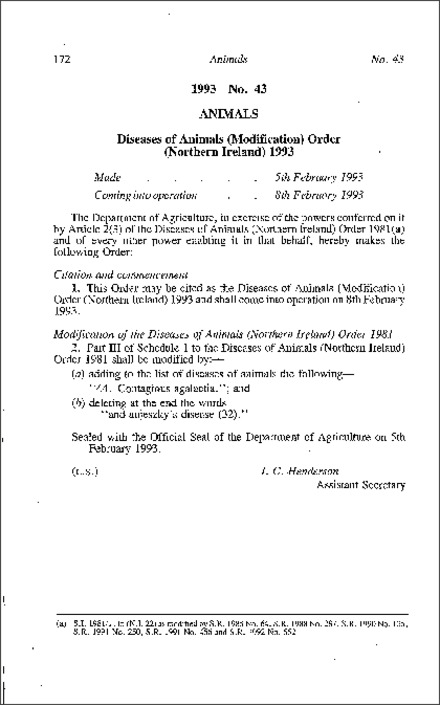 The Diseases of Animals (Modification) Order (Northern Ireland) 1993