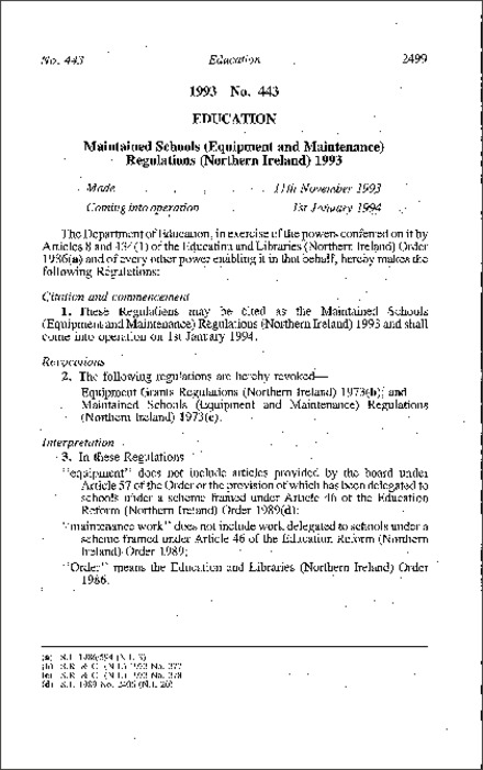 The Maintained Schools (Equipment and Maintenance) Regulations (Northern Ireland) 1993