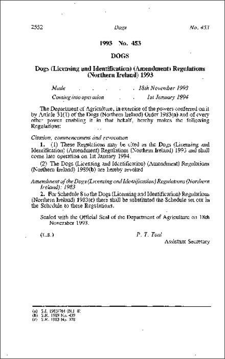 The Dogs (Licensing and Identification) (Amendment) Regulations (Northern Ireland) 1993