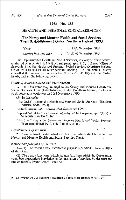 The Newry and Mourne Health and Social Services Trust (Establishment) Order (Northern Ireland) 1993