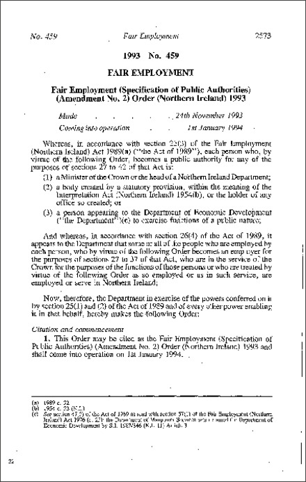 The Fair Employment (Specification of Public Authorities) (Amendment No. 2) Order (Northern Ireland) 1993