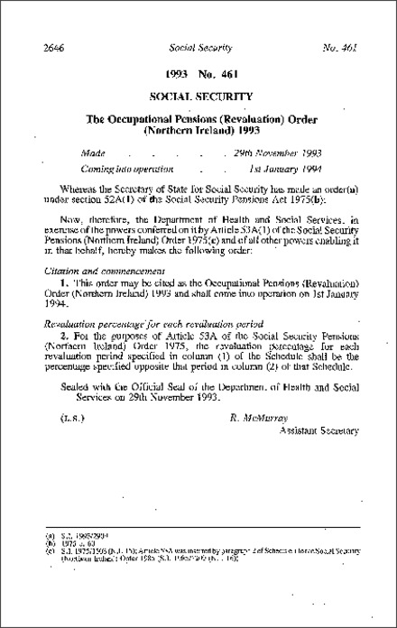 The Occupational Pensions (Revaluation) Order (Northern Ireland) 1993