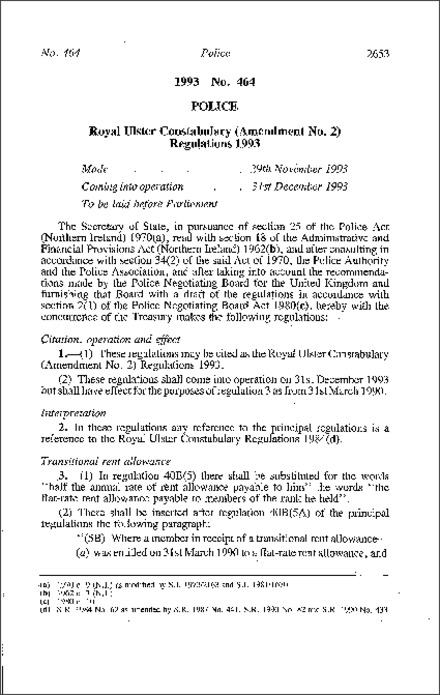 The Royal Ulster Constabulary (Amendment No. 2) Regulations (Northern Ireland) 1993