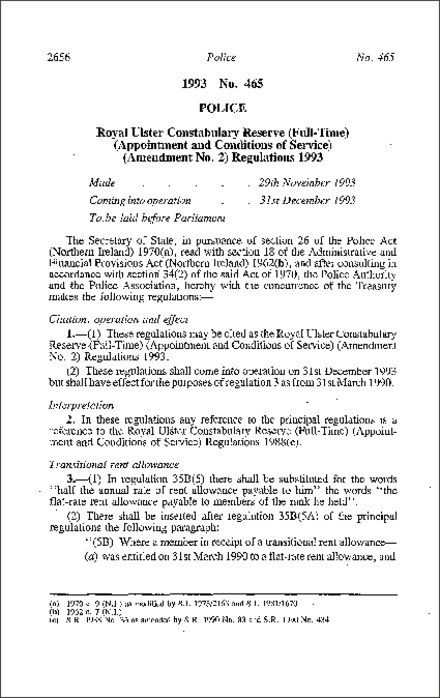 The Royal Ulster Constabulary Reserve (Full-Time) (Appointment and Conditions of Service) (Amendment No. 2) Regulations (Northern Ireland) 1993