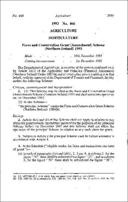 The Farm and Conservation Grant (Amendment) Scheme (Northern Ireland) 1993