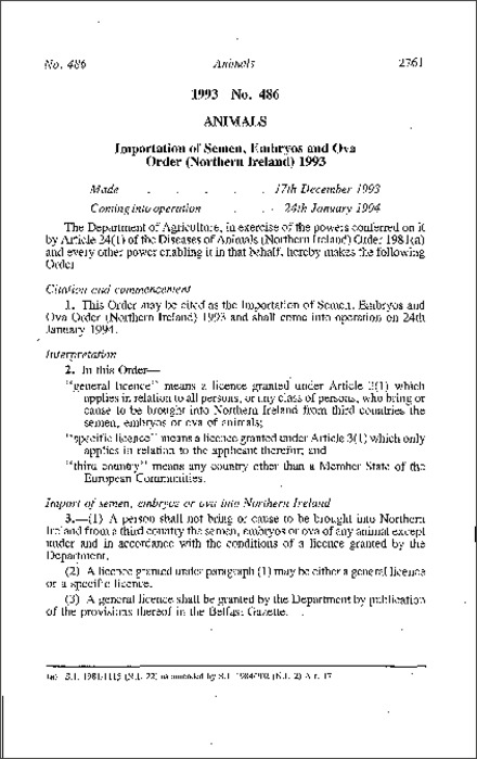 The Importation of Semen, Embryos and Ova Order (Northern Ireland) 1993