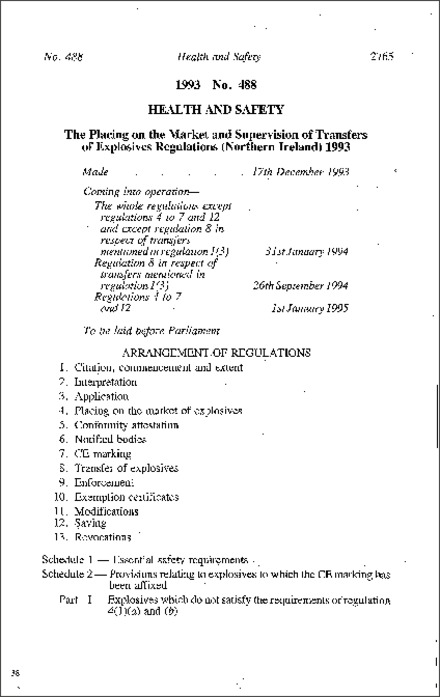 The Placing on the Market and Supervision of Transfers of Explosives Regulations (Northern Ireland) 1993
