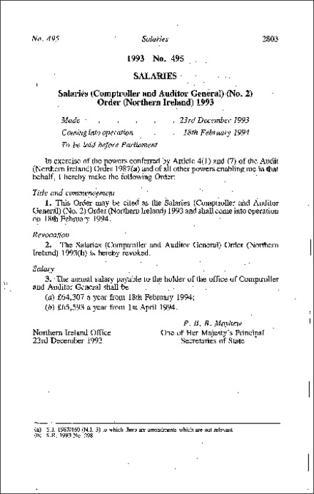 The Salaries (Comptroller and Auditor General) (No. 2) Order (Northern Ireland) 1993