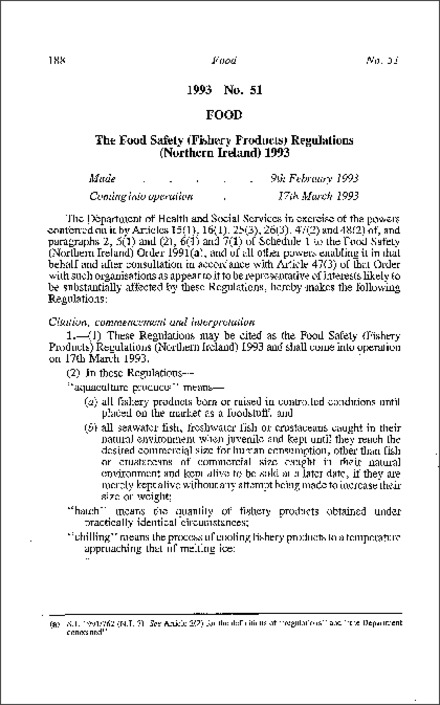 The Food Safety (Fishery Products) Regulations (Northern Ireland) 1993