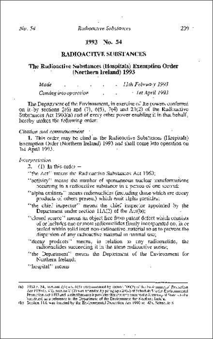 The Radioactive Substances (Hospitals) Exemption Order (Northern Ireland) 1993