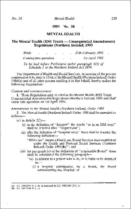 The Mental Health (HSS Trusts - Consequential Amendment) Regulations (Northern Ireland) 1993