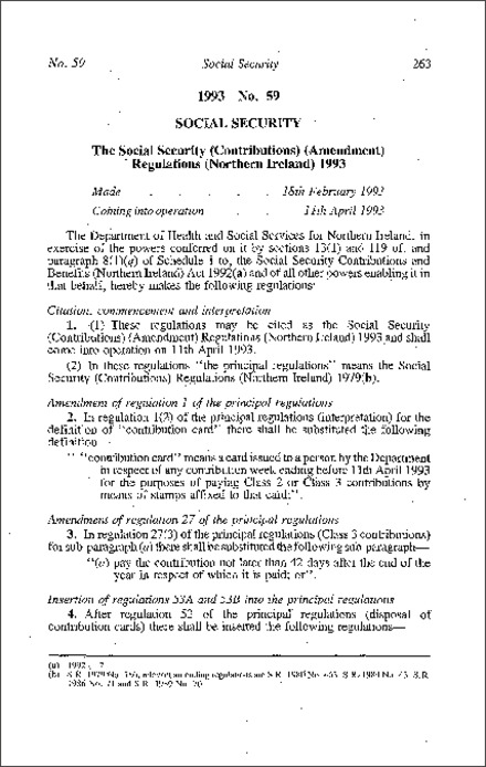 The Social Security (Contributions) (Amendment) Regulations (Northern Ireland) 1993