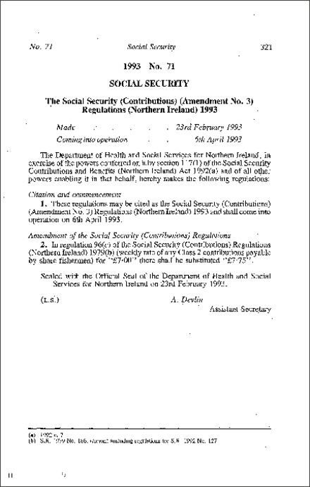 The Social Security (Contributions) (Amendment No. 3) Regulations (Northern Ireland) 1993