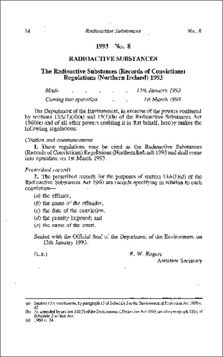 The Radioactive Substances (Records of Convictions) Regulations (Northern Ireland) 1993