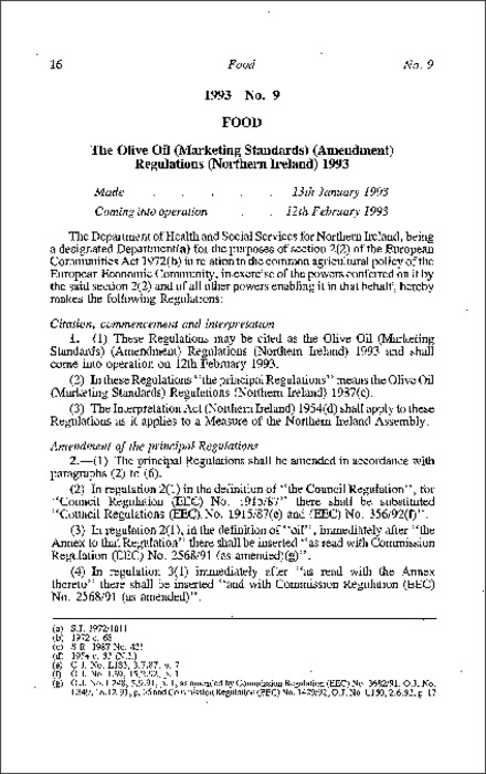 The Olive Oil (Marketing Standards) (Amendment) Regulations (Northern Ireland) 1993