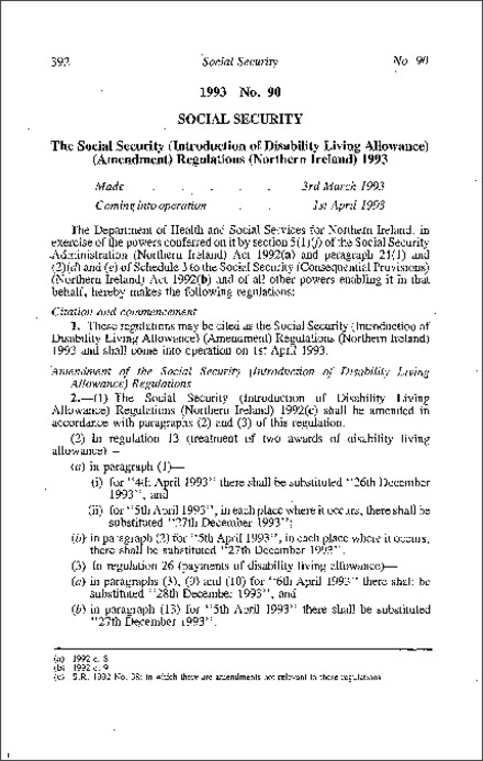 The Social Security (Introduction of Disability Living Allowance) (Amendment) Regulations (Northern Ireland) 1993